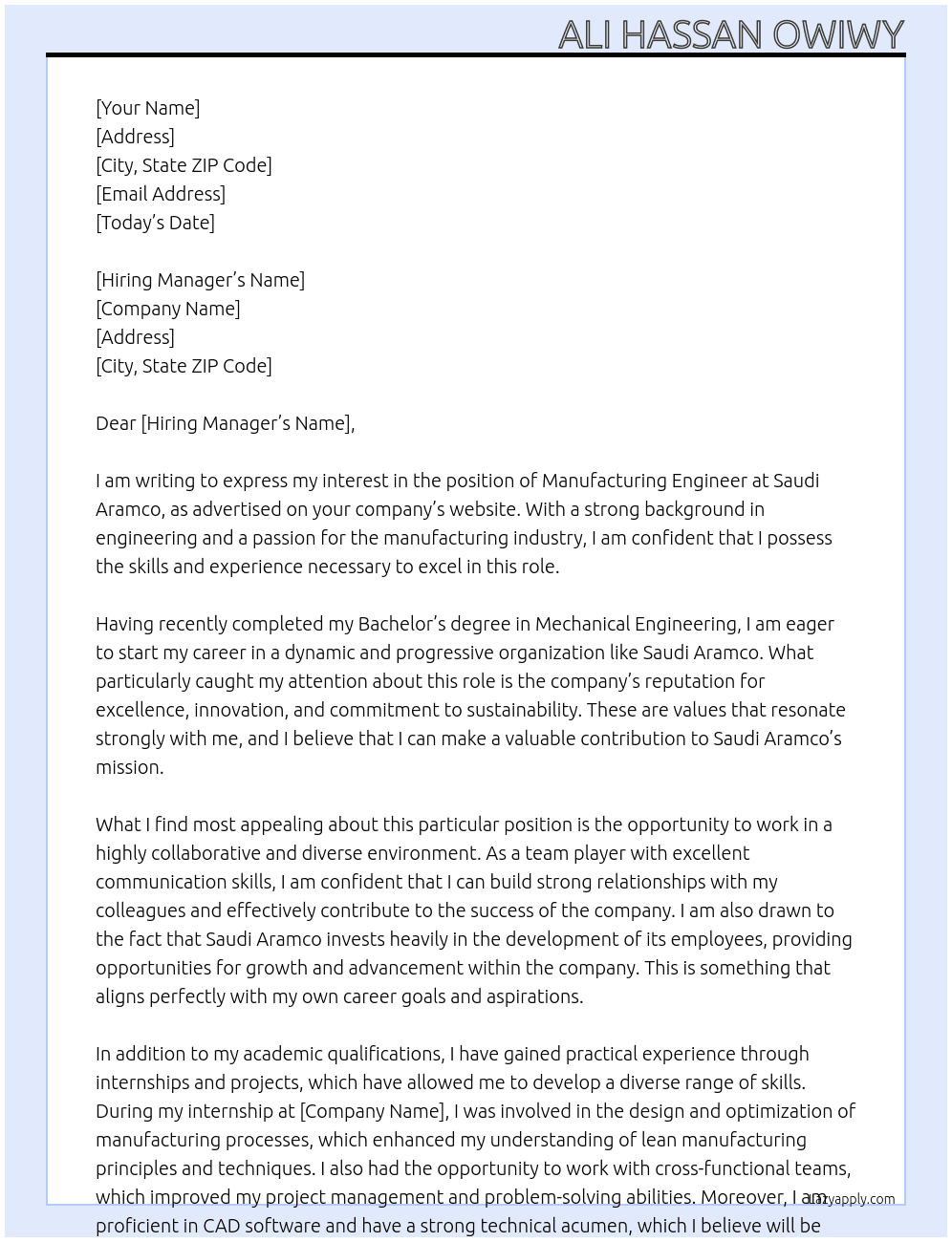MANUFACTURING ENGINEER At Saudi Aramco Cover Letter