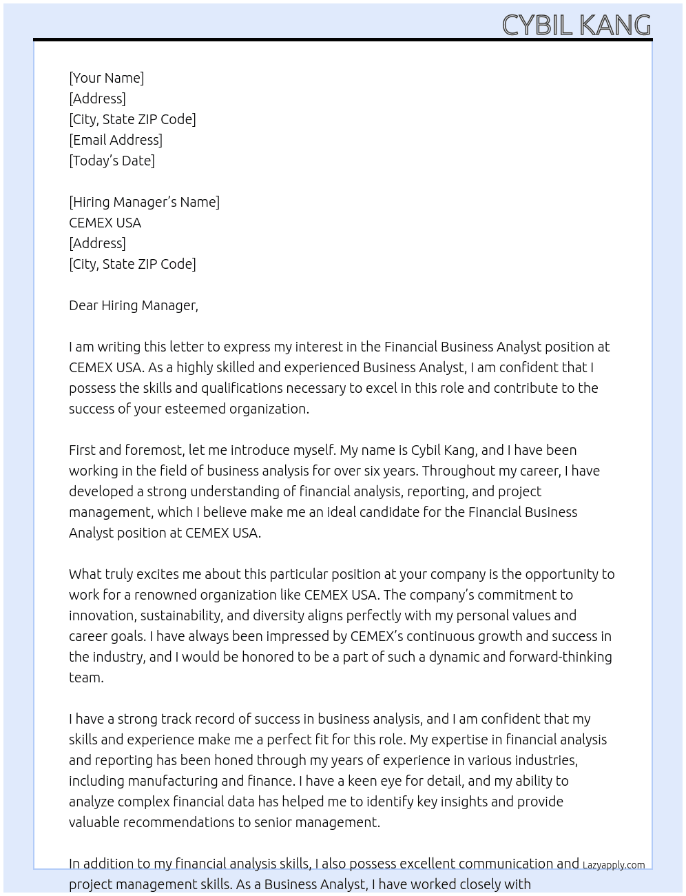 Financial Business Analyst  At CEMEX USA Cover Letter