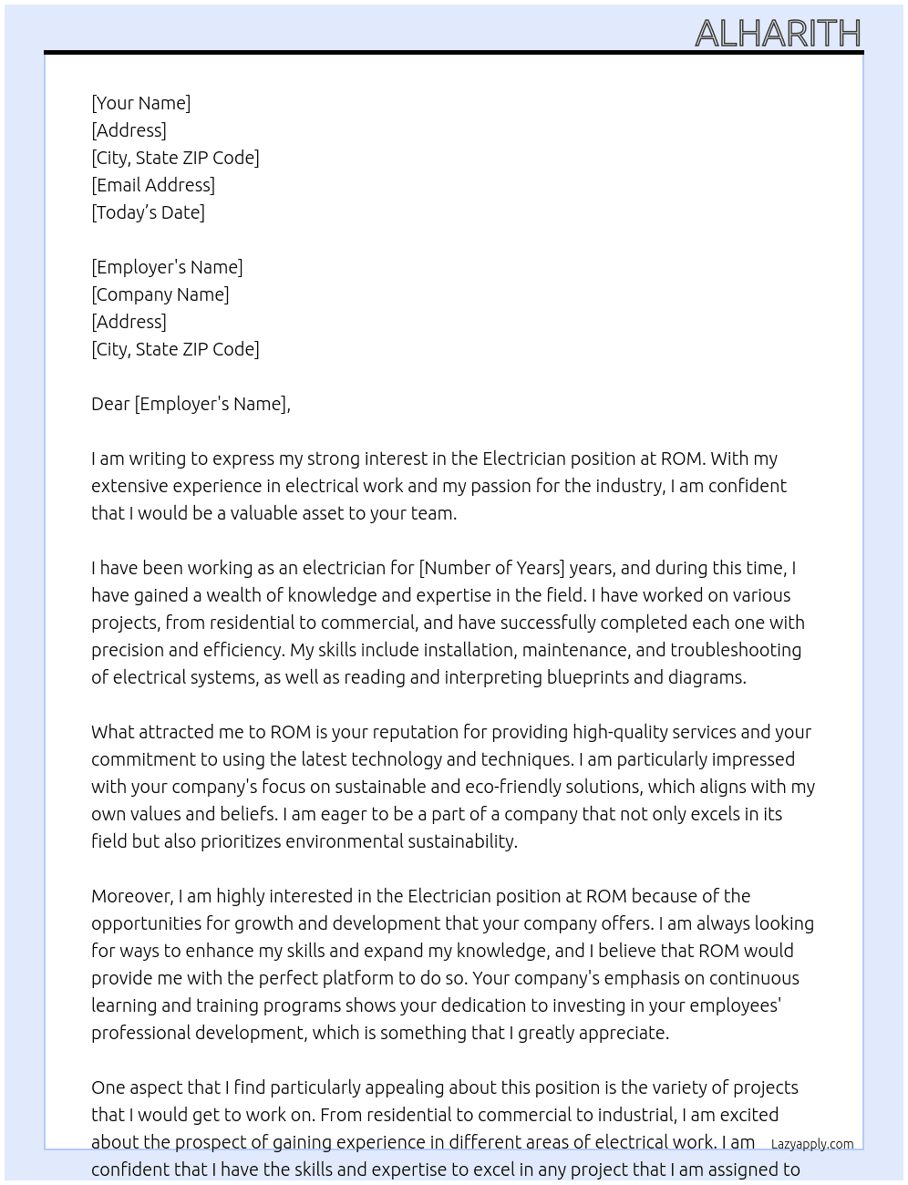 Electrician At rom Cover Letter