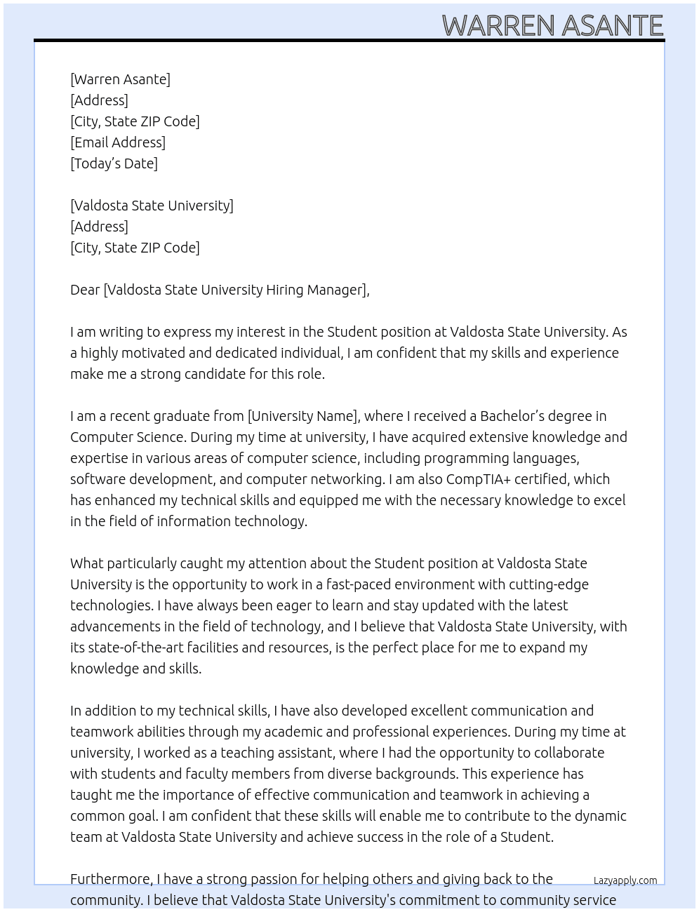 Student At Valdosta State University  Cover Letter