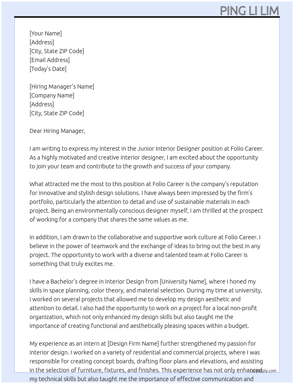 Junior Interior Designer At Folio Career Cover Letter