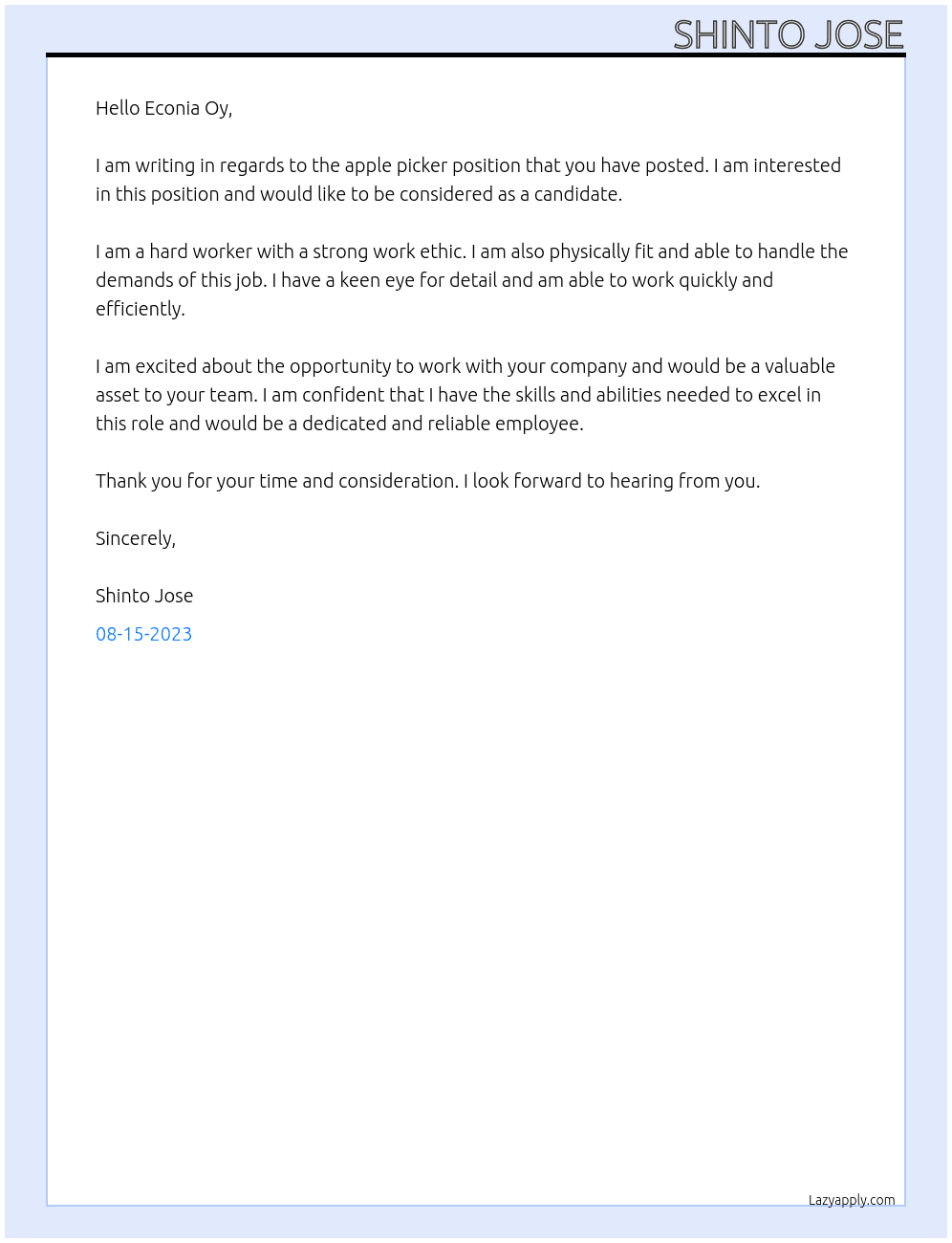 Apple picker  At Econia Oy Cover Letter