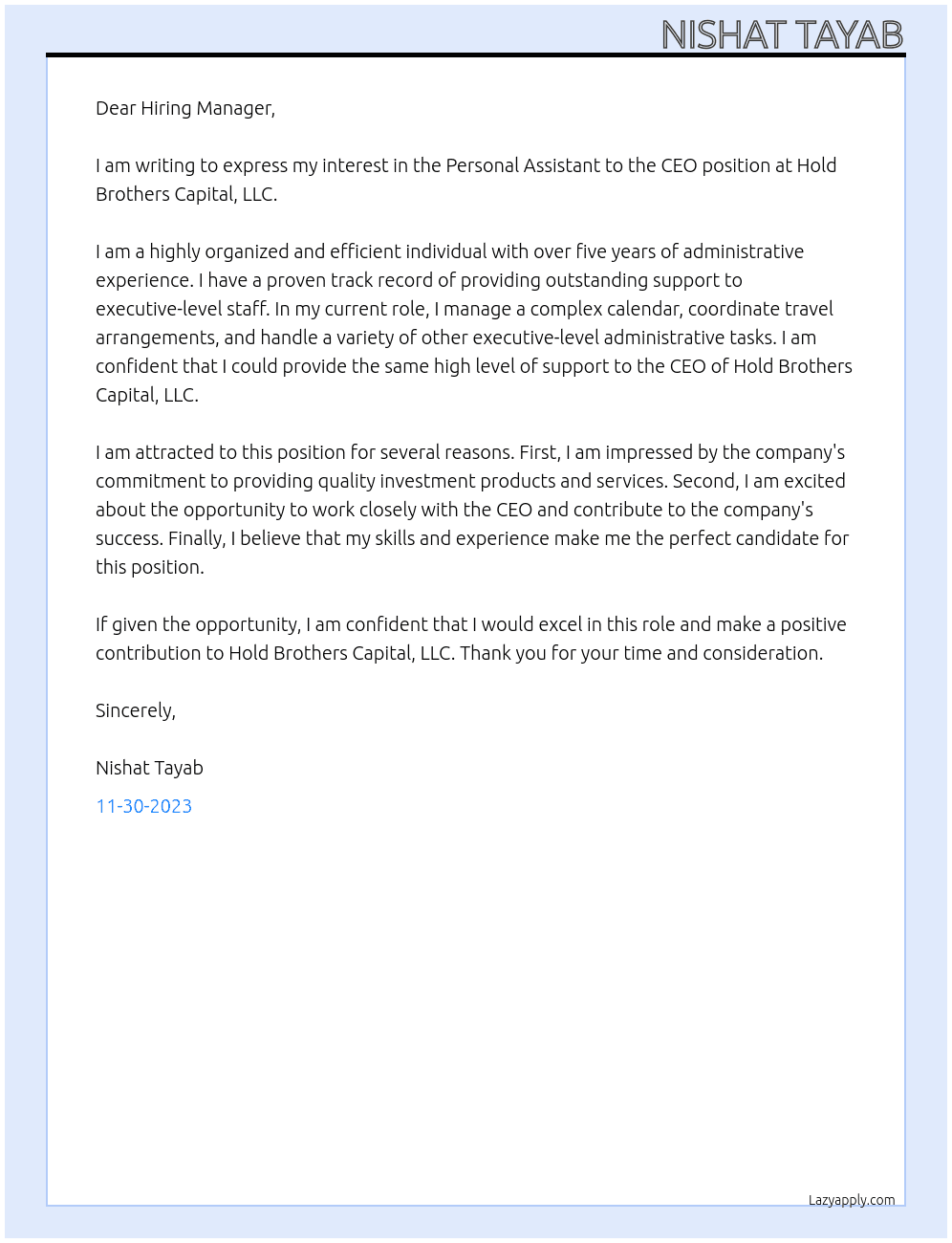 Personal Assistant to the CEO At Hold Brothers Capital, LLC Cover Letter