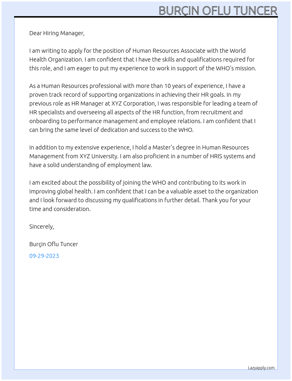 Human Resources Associate At World Health Organization Cover Letter