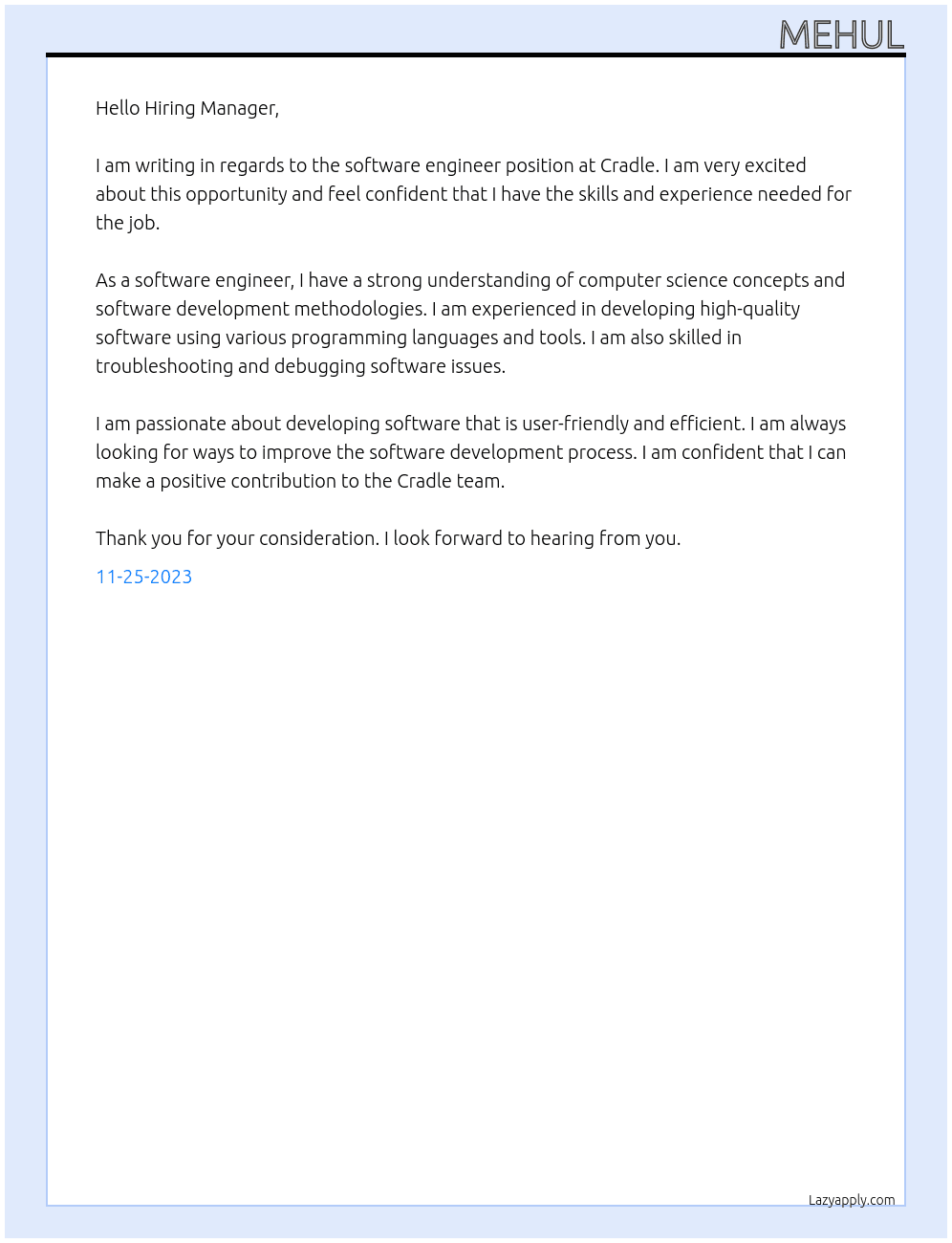 Software Engineer At cradle Cover Letter