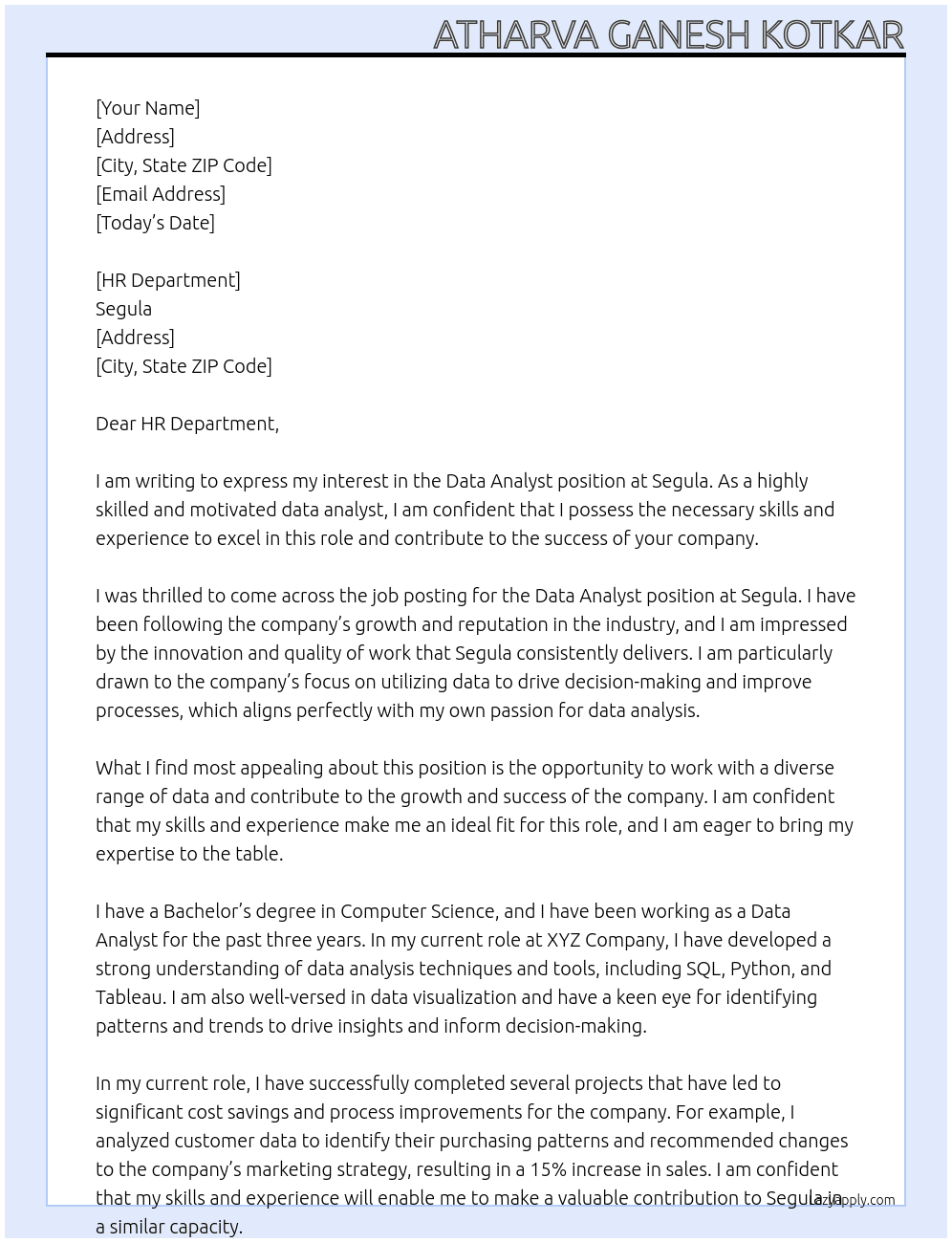 Data Analyst At Segula Cover Letter
