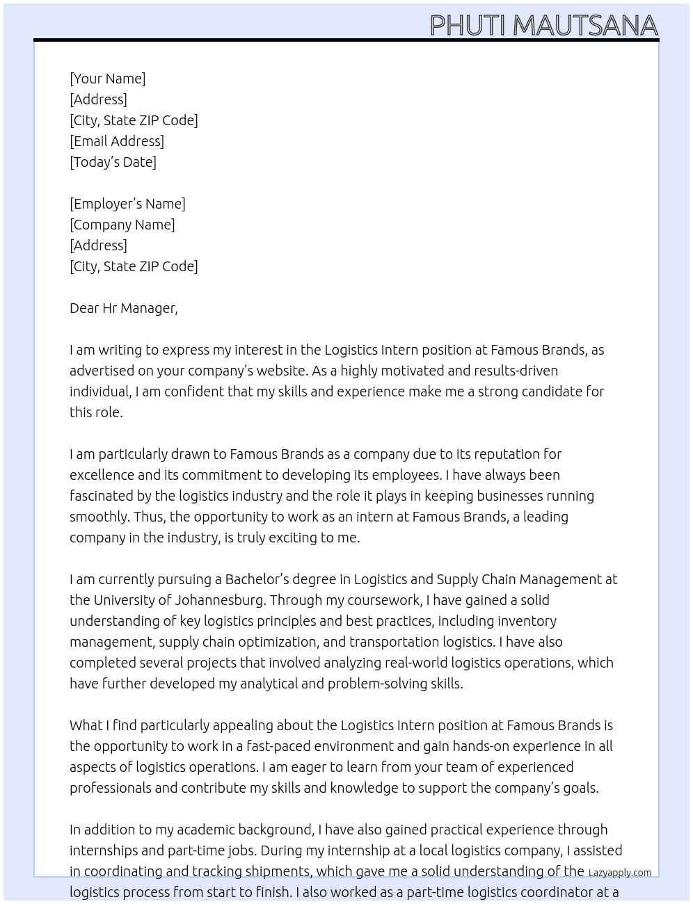 Logistics Intern At Famous Brands Cover Letter