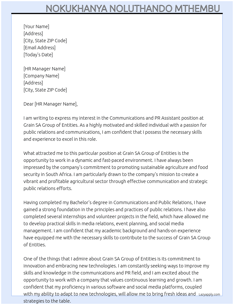 Communications and PR Assistant  At Grain SA Group of Entities Cover Letter
