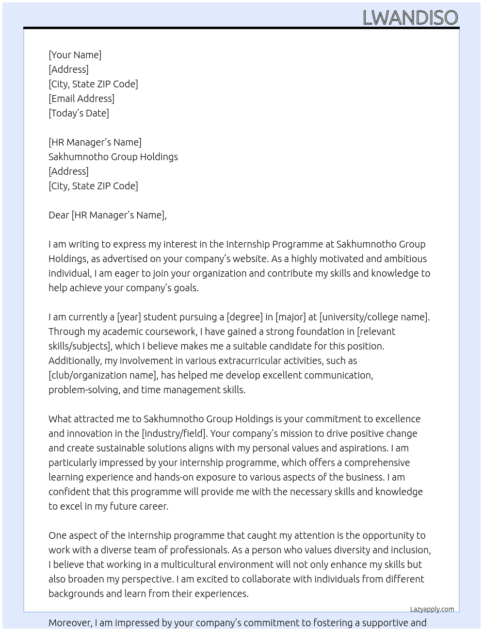Internship Programme  At Sakhumnotho Group Holdings Cover Letter