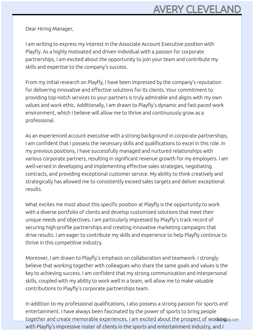 Associate Account Executive, Corporate Partnerships At Playfly Cover Letter