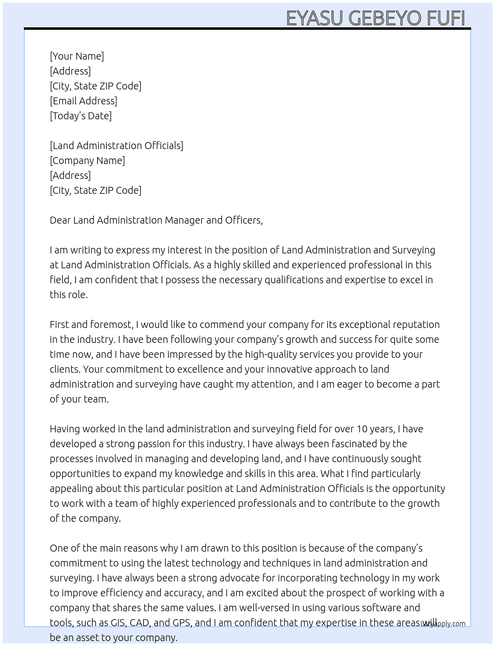 Land administration and surveying  At Land administration officials  Cover Letter
