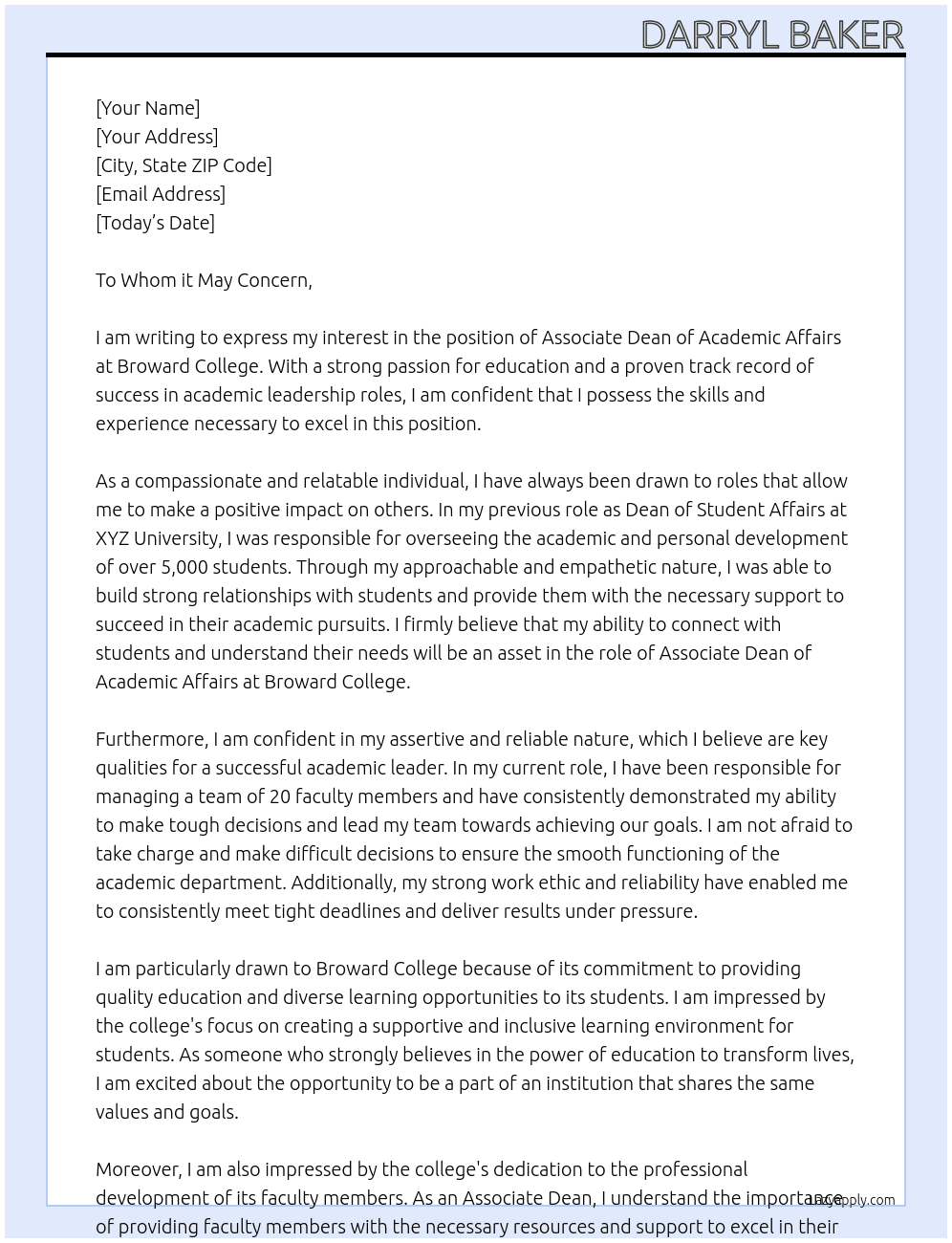 Associate Dean, Academic Affairs At Broward College Cover Letter