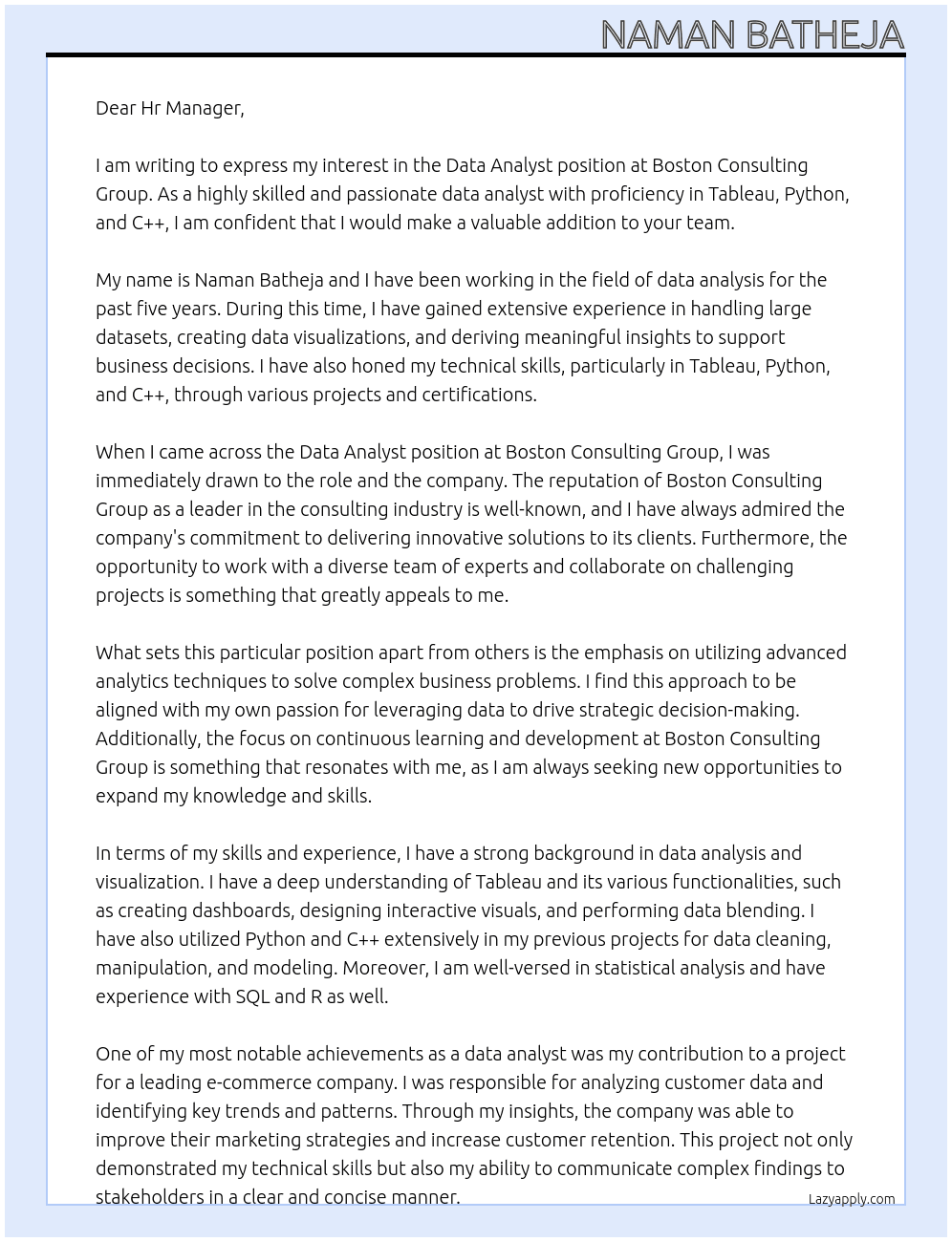Data Analyst At Boston Consulting Group Cover Letter