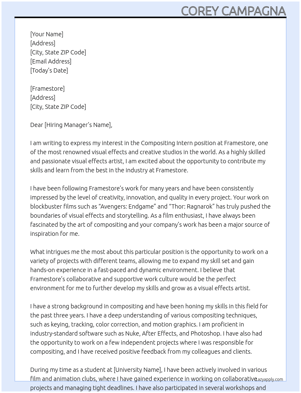 Compositing Intern At Framestore Cover Letter