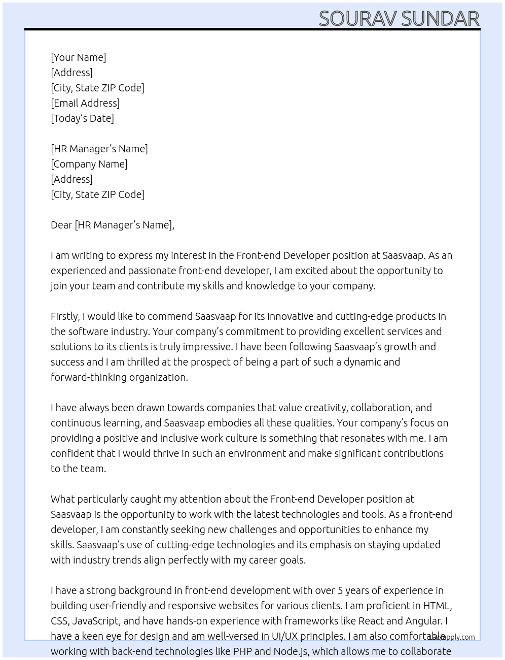 Front end developer  At Saasvaap Cover Letter