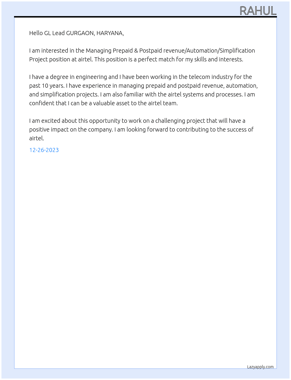 Managing Prepaid & Postpaid revenue/Automation/Simplification Project At airtel Cover Letter