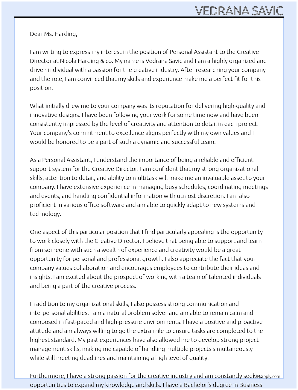 Personal Assistant to Creative Director At Nicola Harding & co Cover Letter