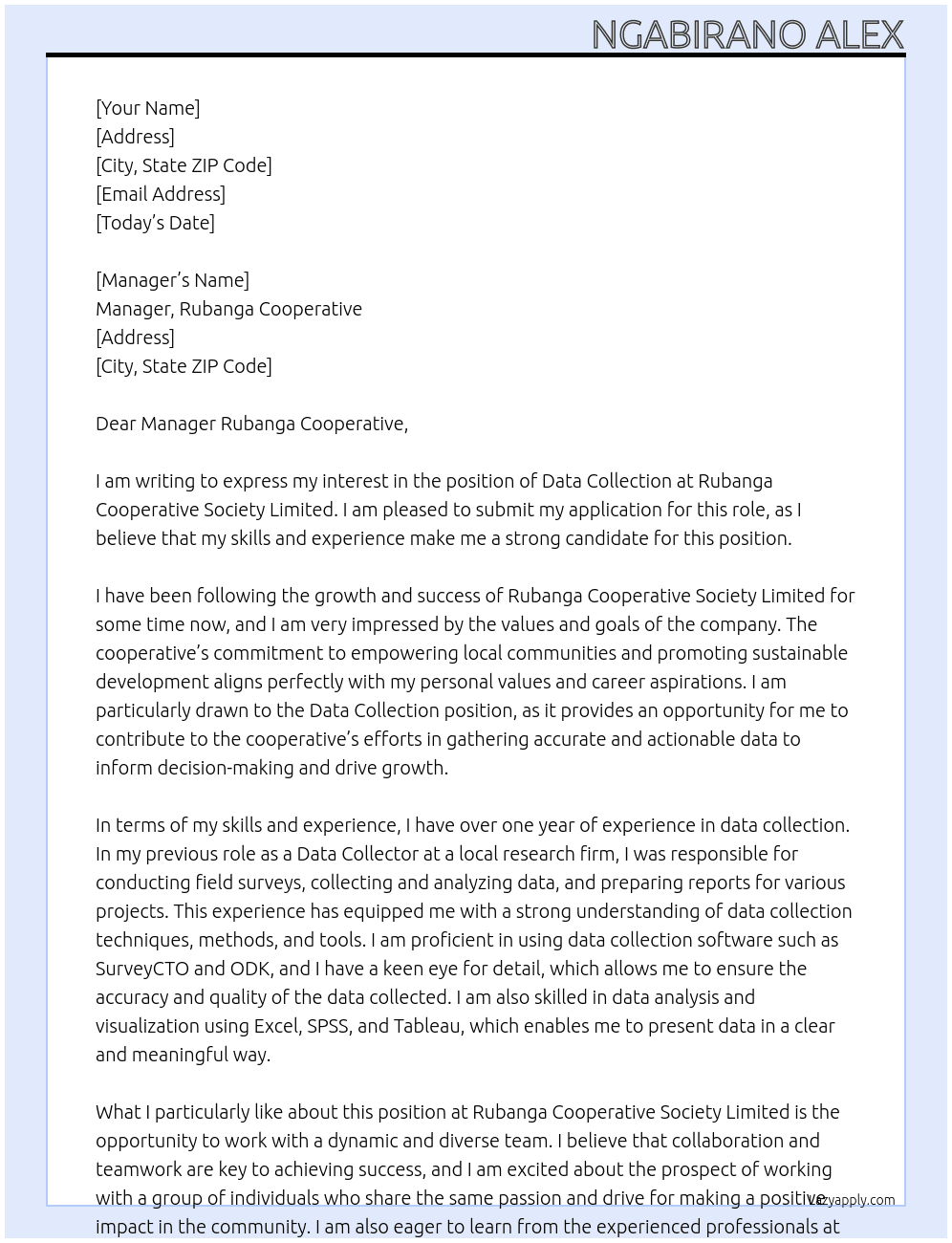Data collection At Rubanga cooperative society limited Cover Letter