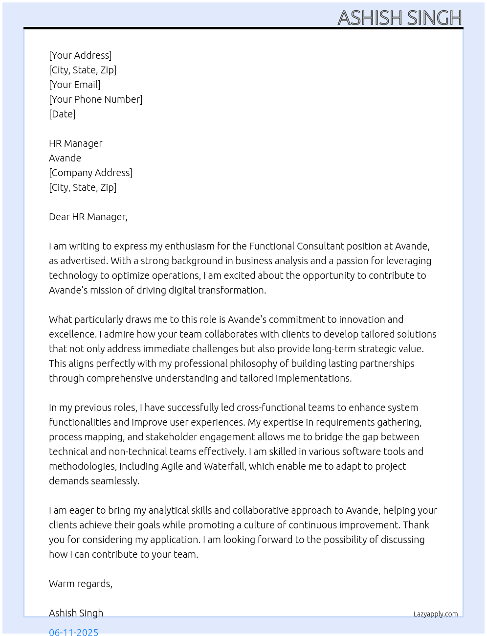 Functional Consultant At Avande Cover Letter