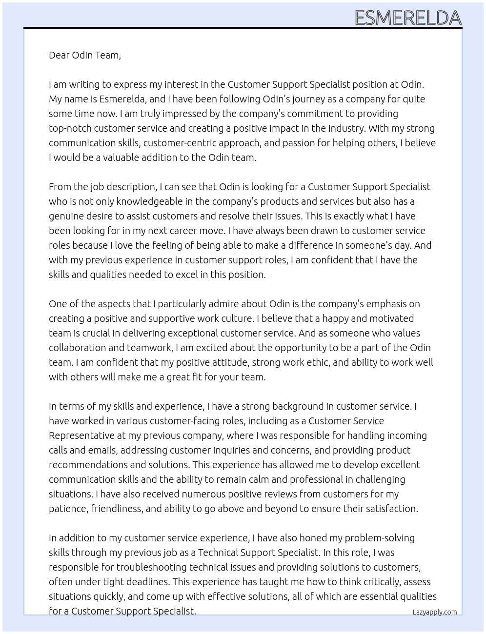 Customer Support Specialist At Odin Cover Letter