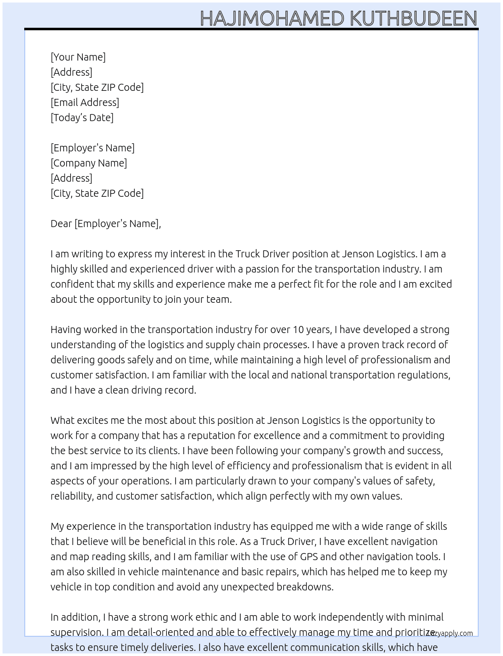 TRUCK DRIVER At JENSON LOGISTICS Cover Letter