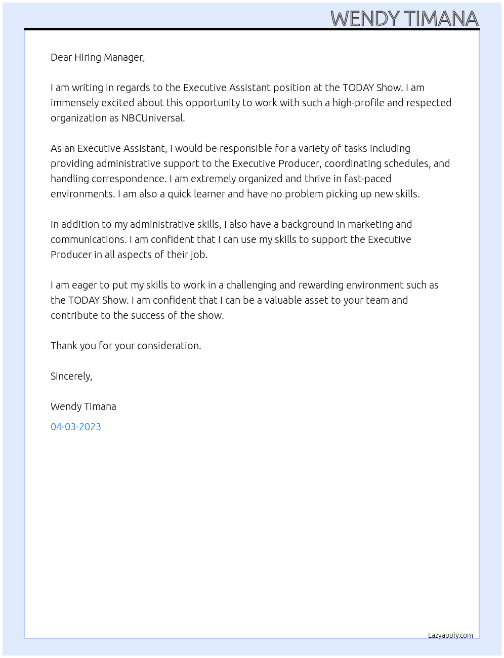 Executive Assistant, TODAY Show At NBCUniversal Cover Letter