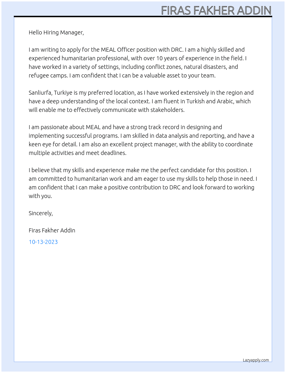 MEAL Officer At DRC Cover Letter