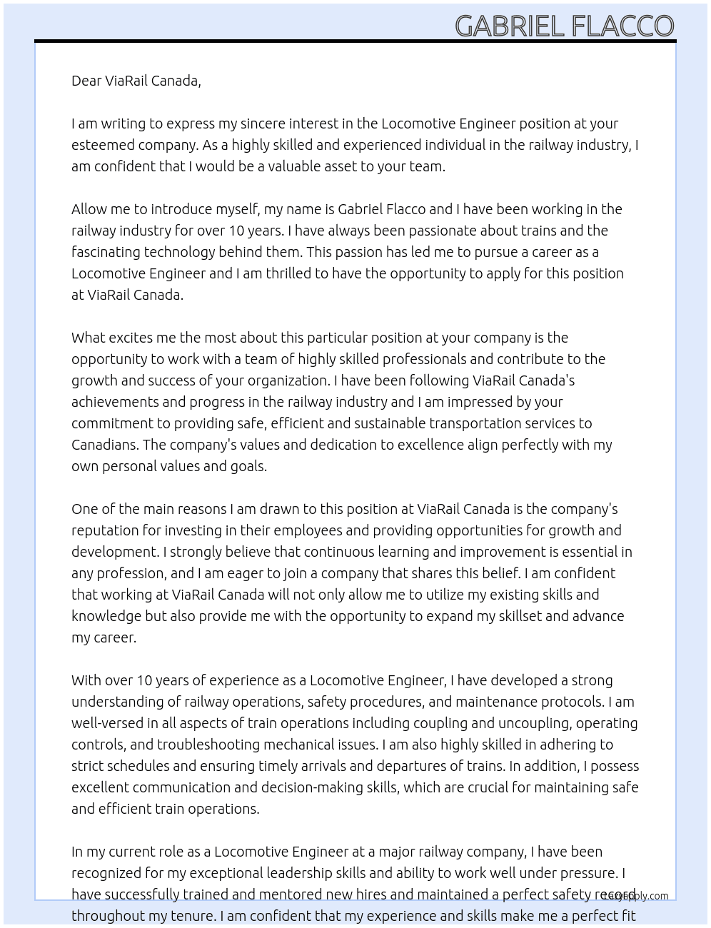 Locomotive Engineer  At ViaRail Canada Cover Letter