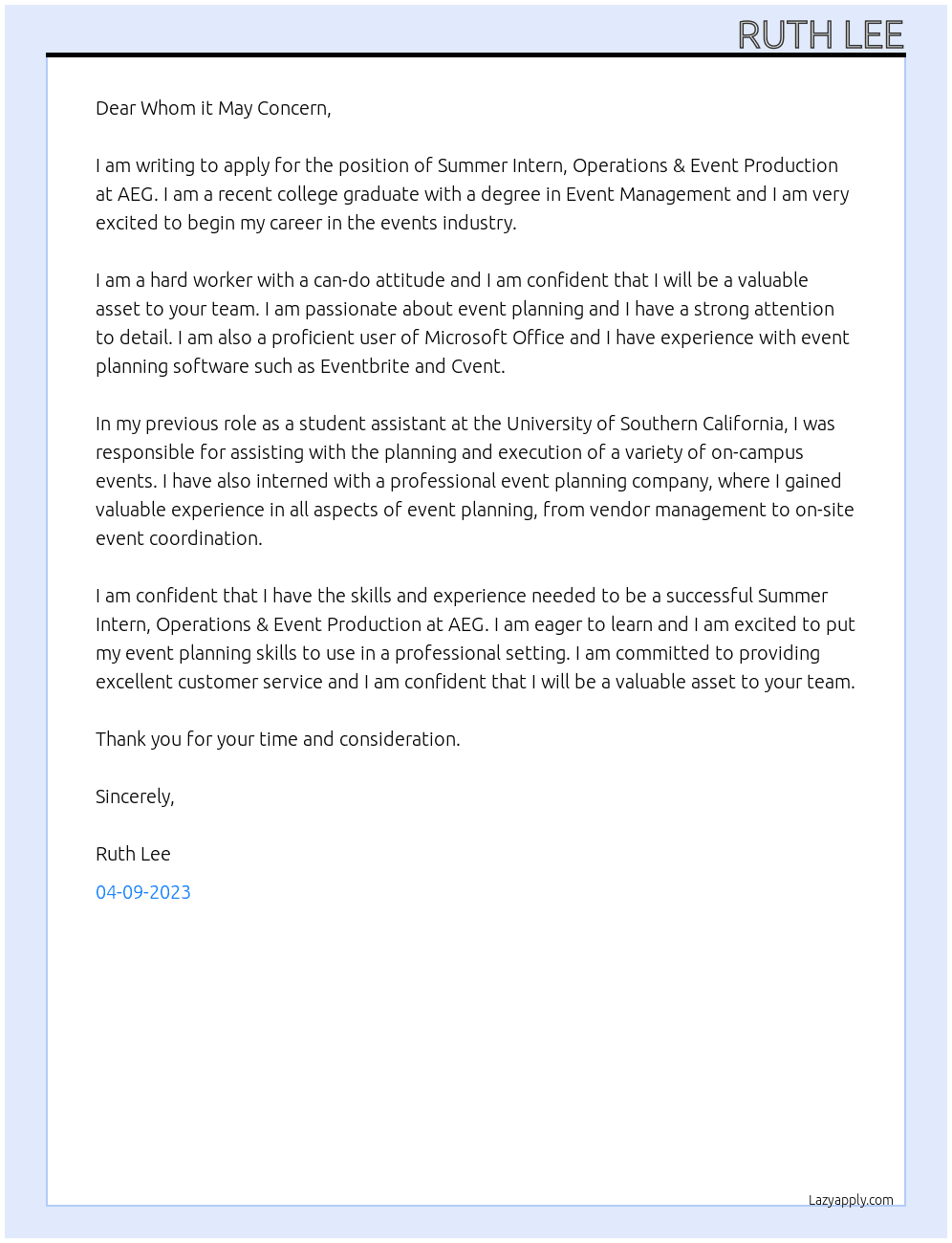 Summer Intern, Operations & Event Production  At AEG Cover Letter