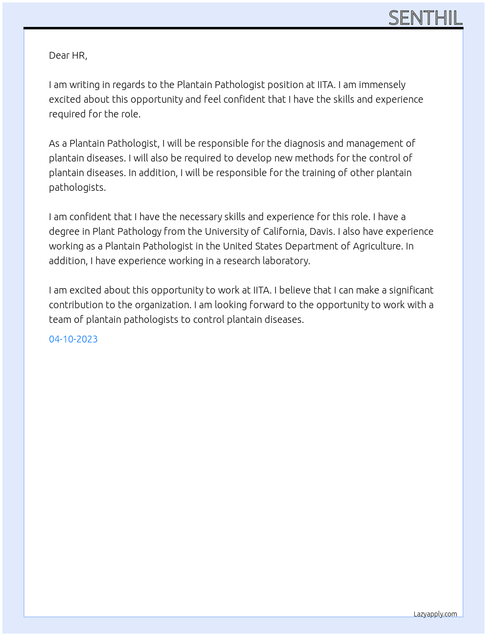 Plantain Pathologist At IITA Cover Letter