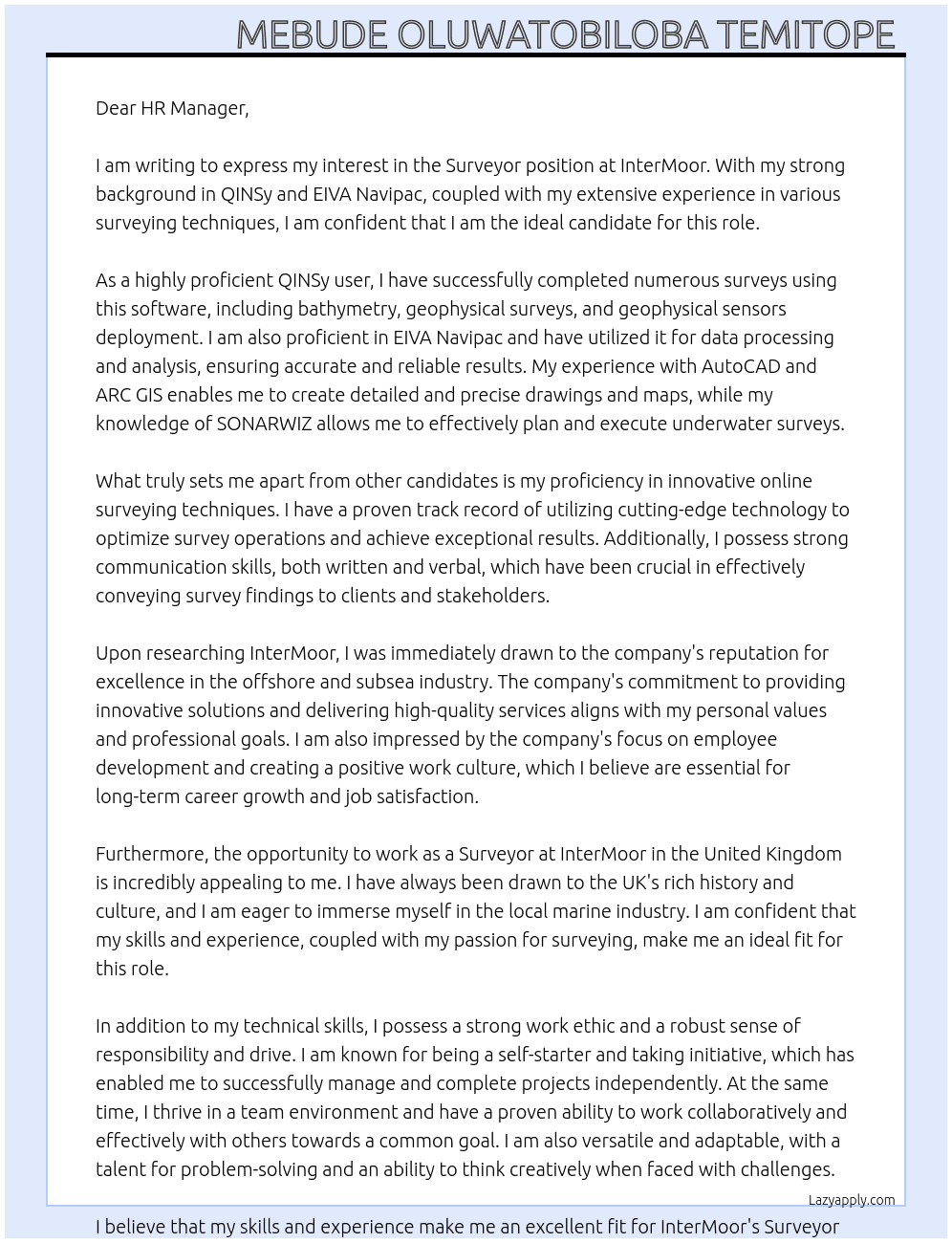 Surveyor At InterMoor  Cover Letter