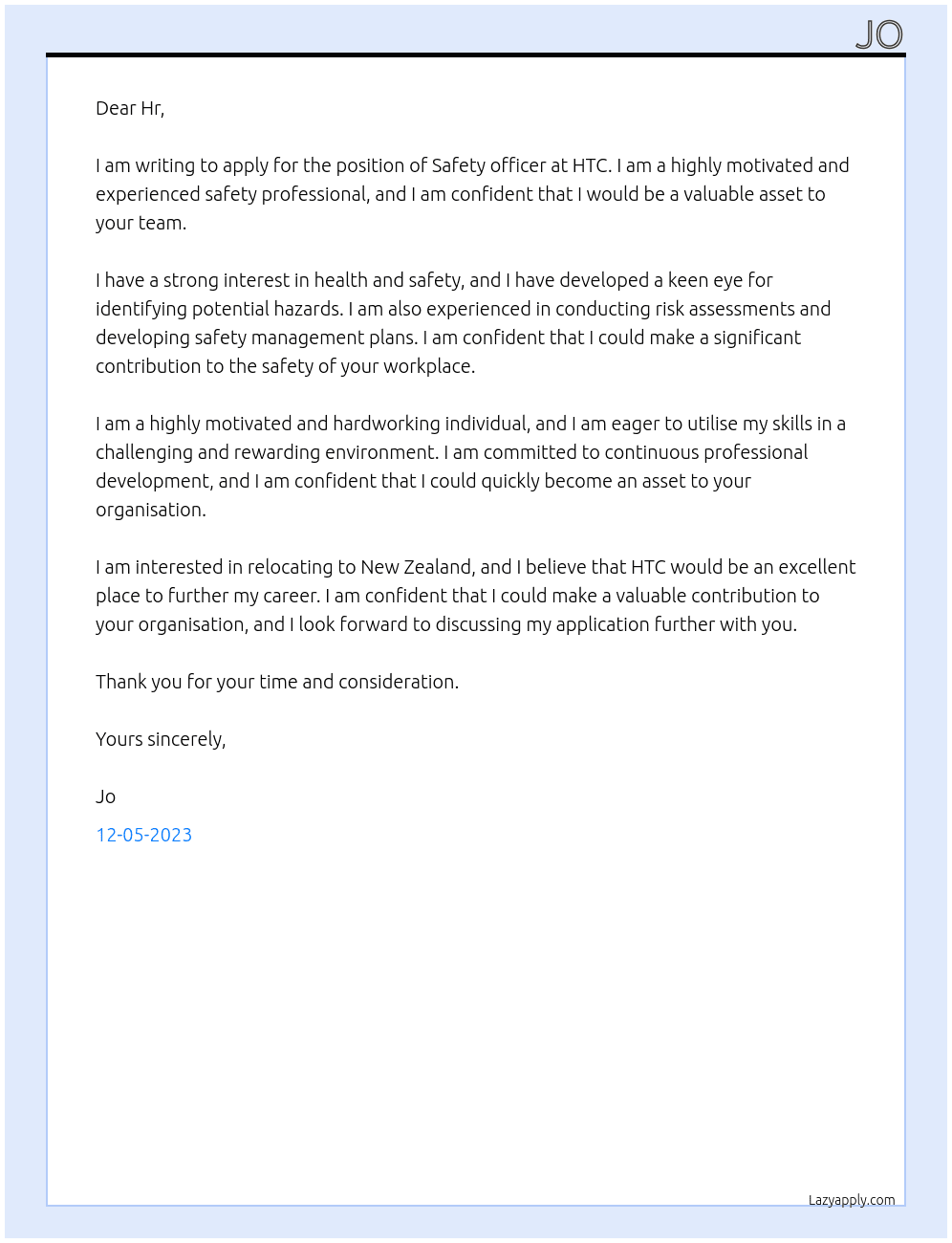 Safety officer  At HTC  Cover Letter