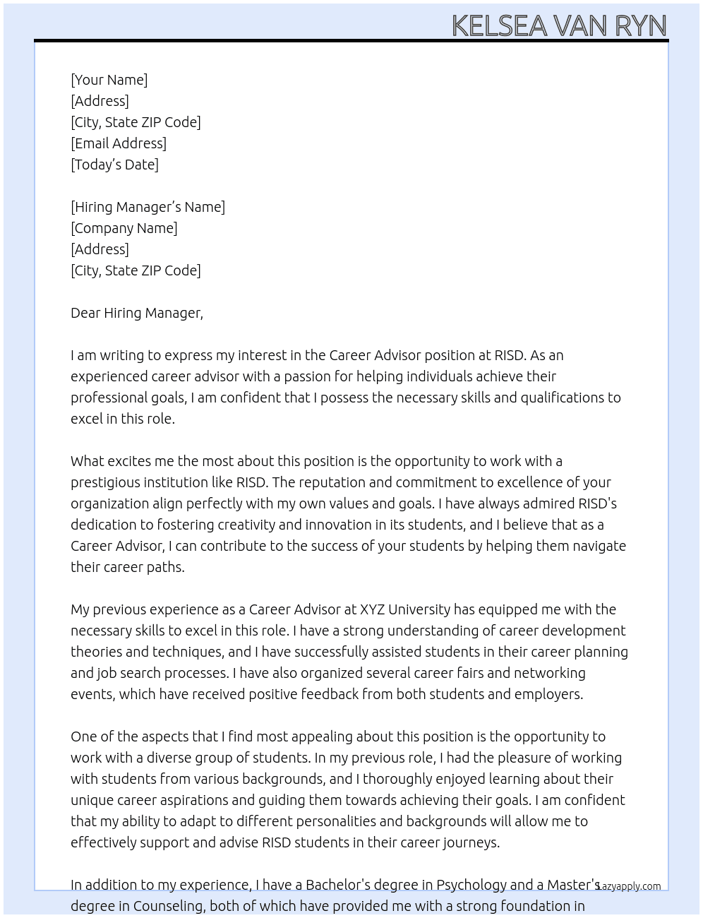 Career Advisor At RISD Cover Letter