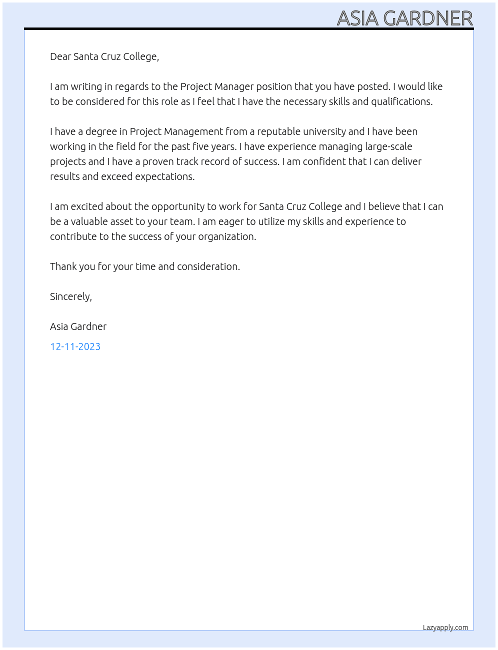 project manager At santa cruz colloege Cover Letter
