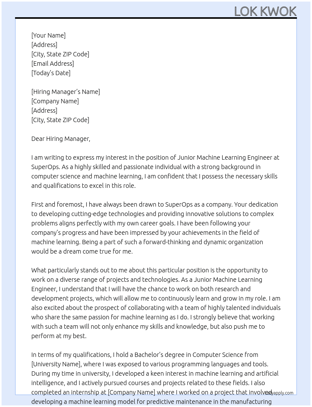 Junior machine learning engineer At SuperOps Cover Letter