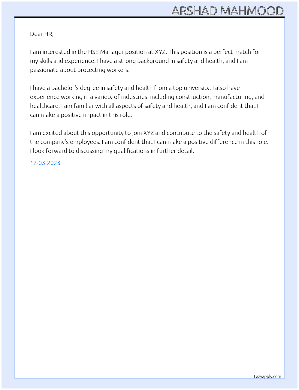 HSE Manager At XYZ Cover Letter