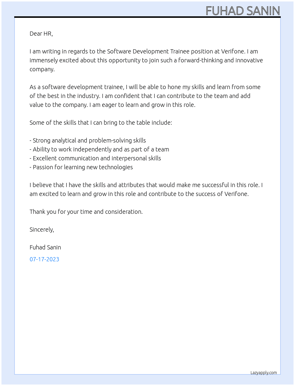 Software Development Trainee At Verifone Cover Letter