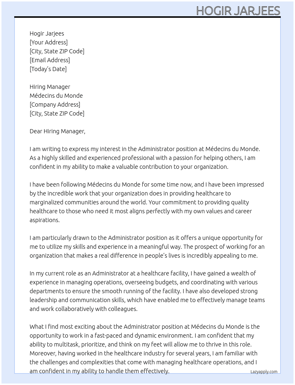 Administrator At Médecins du Monde Cover Letter