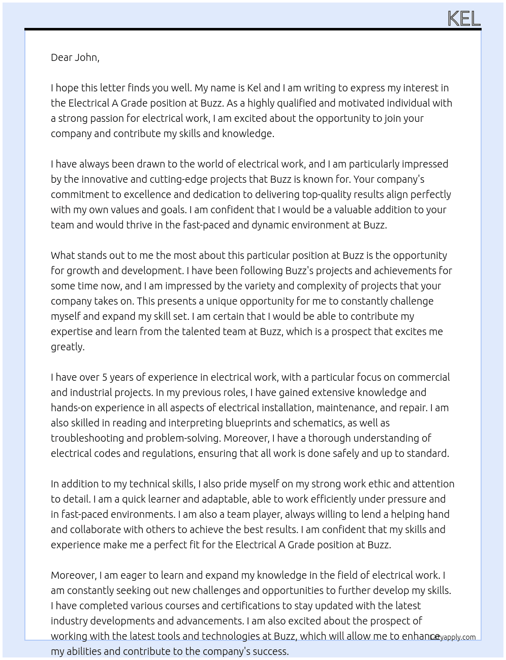 electrical a grade position At Buzz  Cover Letter