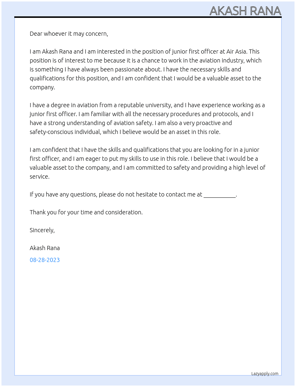 junior first officer At Air Asia Cover Letter