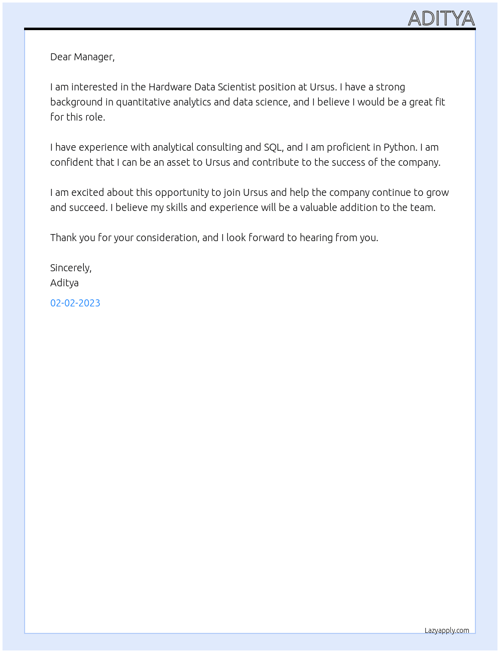 Hardware Data Scientist At Ursus Cover Letter