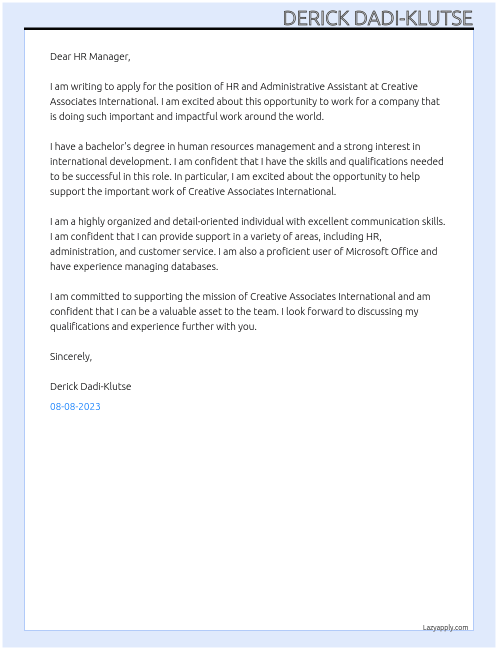 HR AND ADMINISTRATIVE ASSISTANT At Creative Associates International Cover Letter