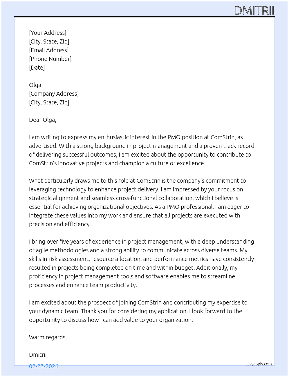 Cover letter for pmo - LazyApply