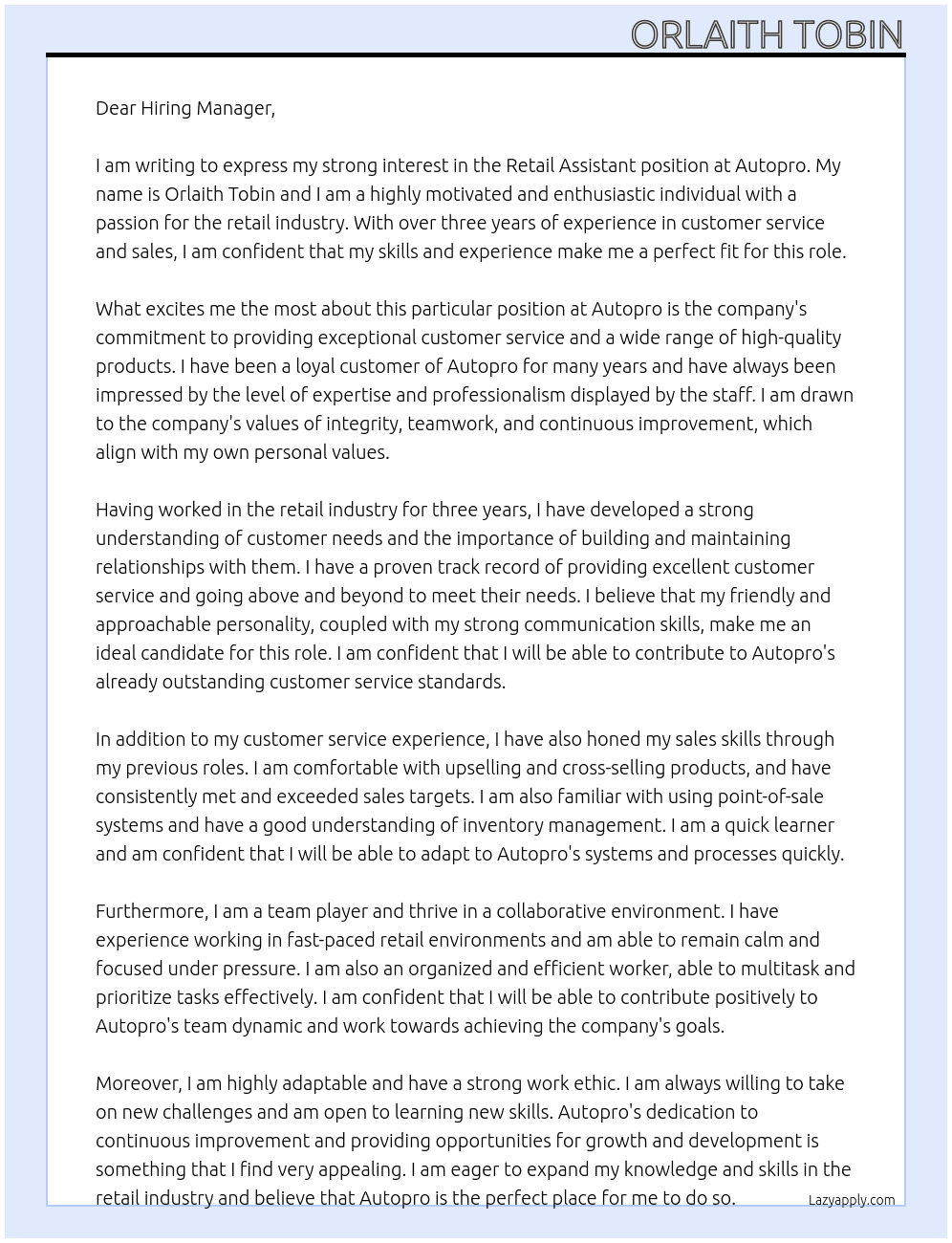 retail assistant At Autopro Cover Letter