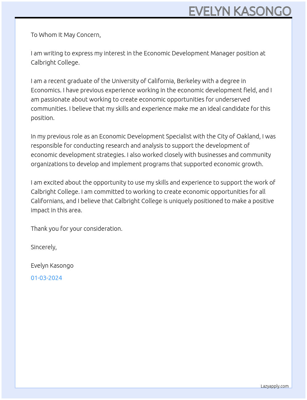 Economic Development Manager At Calbright College Cover Letter