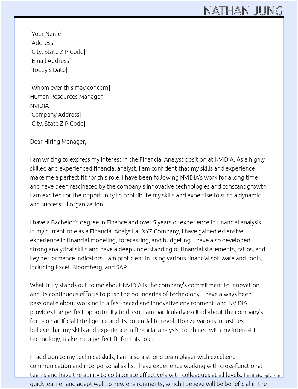 Financial Analyst At NVIDIA Cover Letter