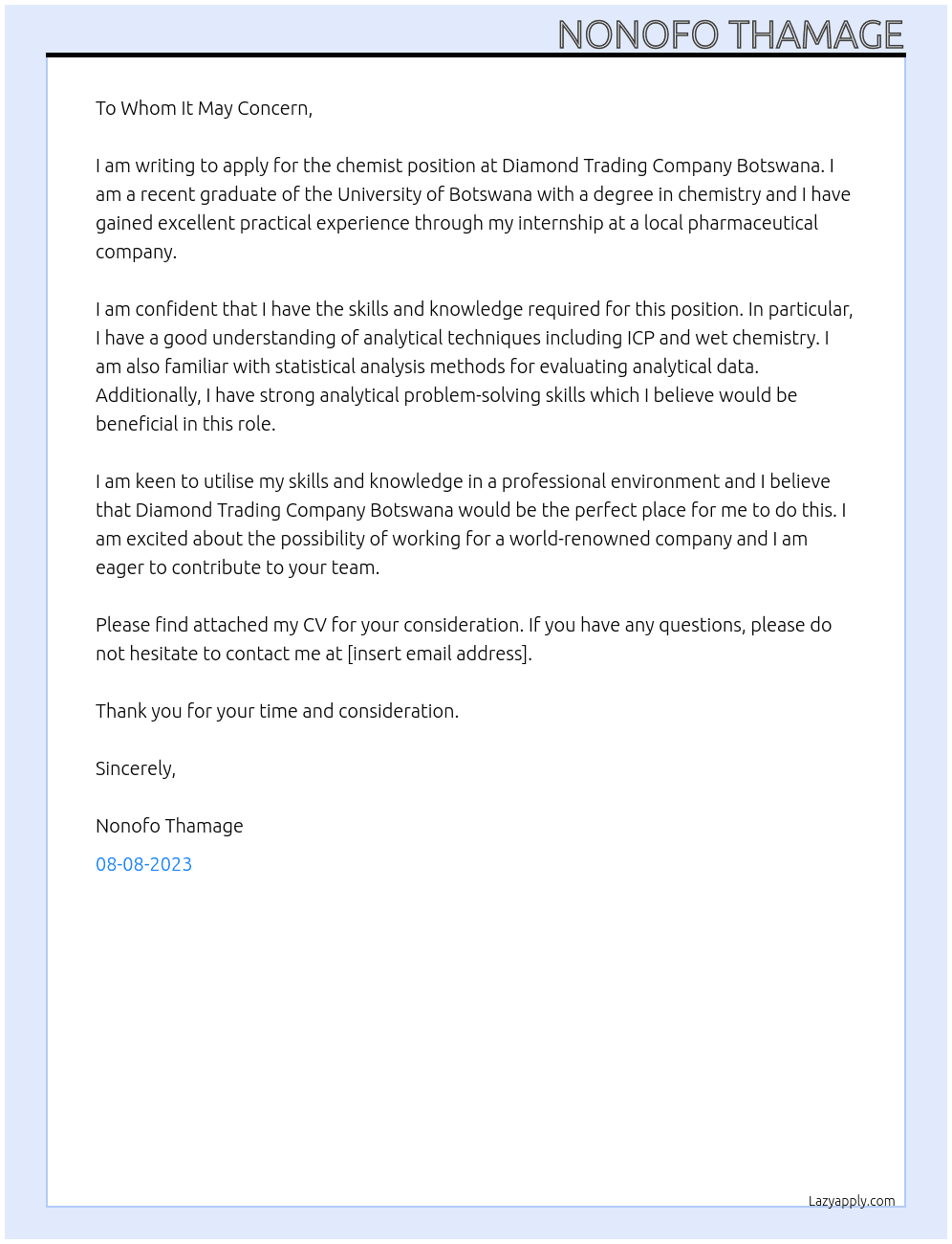 Chemist At Diamond Trading Company Botswana Cover Letter