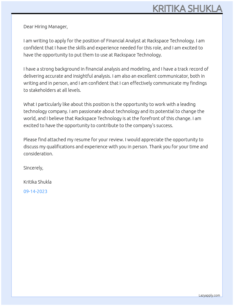 Financial Analyst At Rackspace Technology Cover Letter