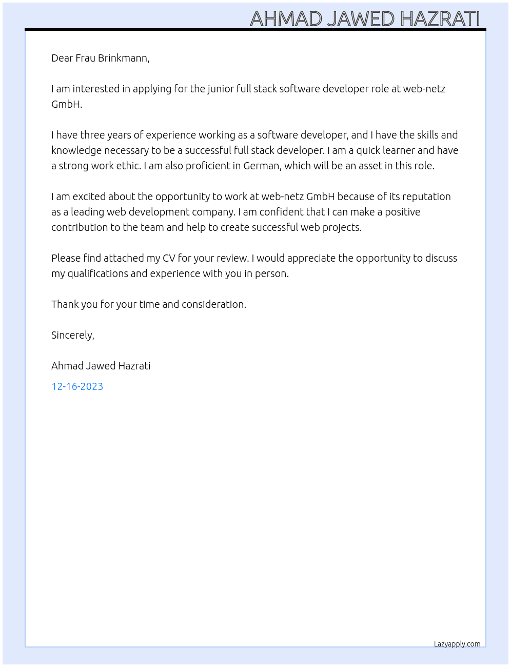 Junior full stack software developer At web-netz GmbH Cover Letter