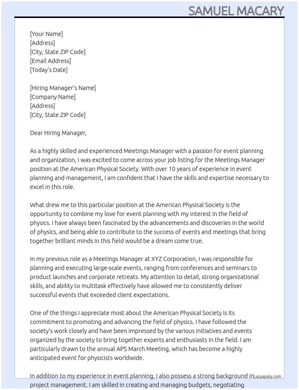 Meetings Manager At American Physical Society Cover Letter